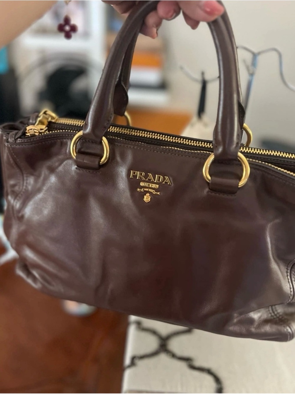 Prada Dark Brown Leather Double-Handle Satchel with Gold Hardware
